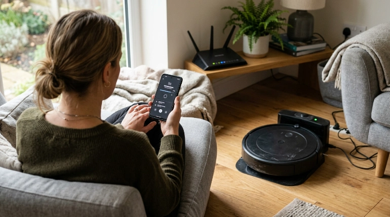 Homeowner updating robot vacuum firmware in the official app while vacuum stays docked