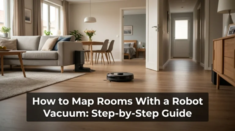 Robot vacuum mapping connected rooms in a home with open doors and charging dock