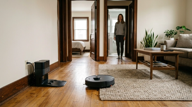 Robot vacuum leaving its dock to map rooms through open doors in a prepared home