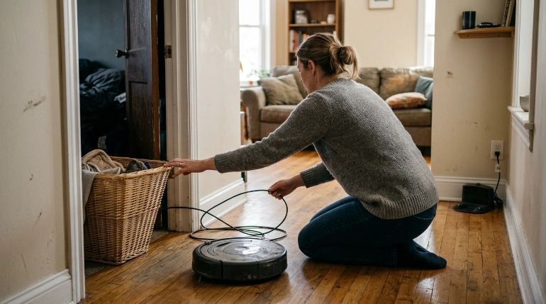 Robot vacuum blocked near a partly open doorway while homeowner clears a cable and basket
