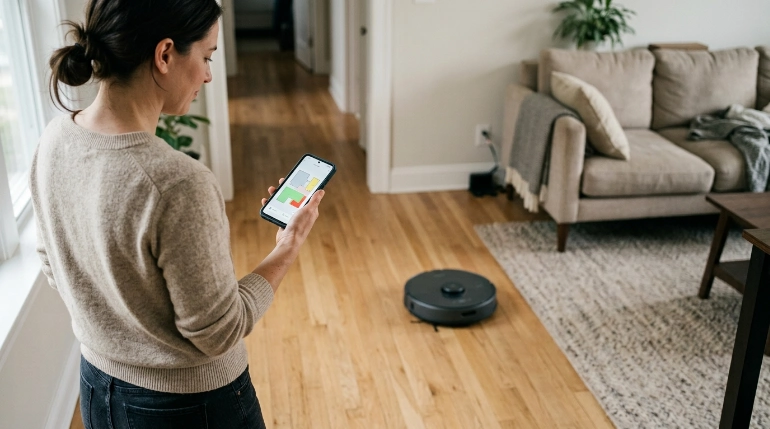 Smartphone map showing robot vacuum no-go zones inside a modern living room