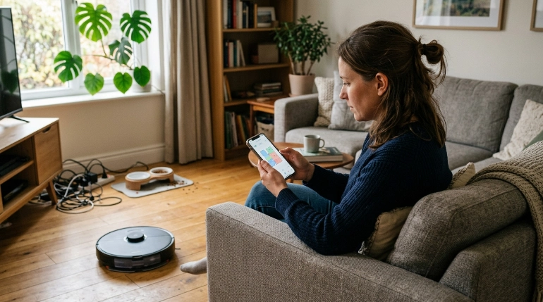Homeowner setting robot vacuum no-go zones on a smartphone while testing cleaning