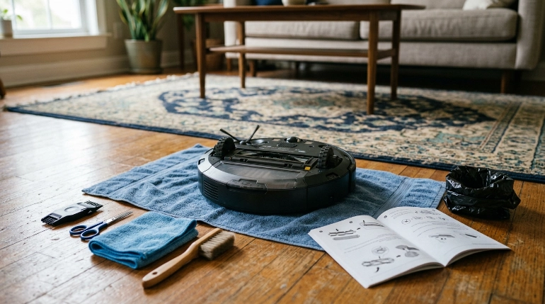 Tools prepared to clean robot vacuum brushes beside a