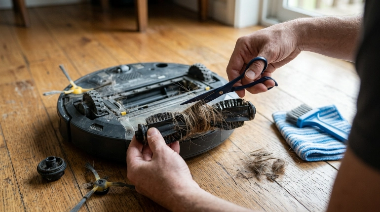 How to clean robot vacuum brushes by cutting tangled hair from a removed roller
