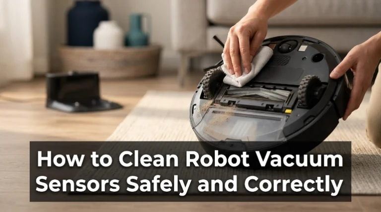 How to clean robot vacuum sensors safely using a dry microfiber cloth on underside sensors
