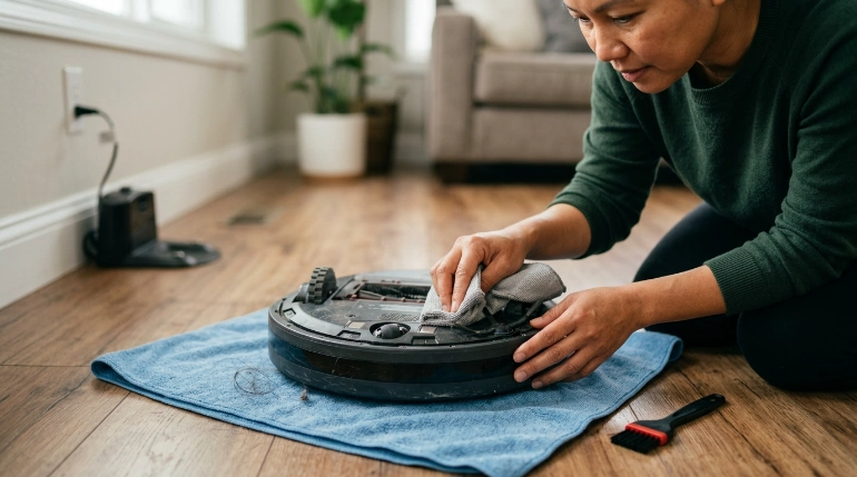 How to clean robot vacuum sensors step by step while wiping cliff sensors with a microfiber cloth