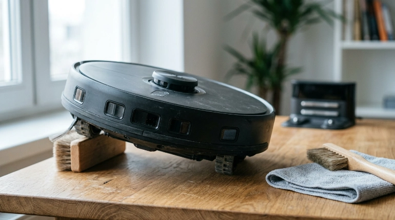 Robot vacuum showing cliff, bumper, LiDAR, dock, and optical sensor areas for cleaning