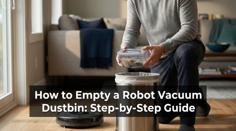 Person demonstrating how to empty a robot vacuum dustbin into a lined trash can