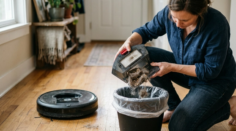 Person emptying a robot vacuum dustbin containing dust, hair, and crumbs into a trash can