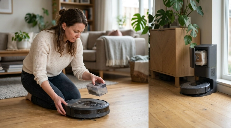 Self-emptying robot vacuum with onboard dustbin and larger dock debris container