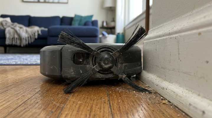 Worn robot vacuum side brush with bent bristles and poor edge pickup