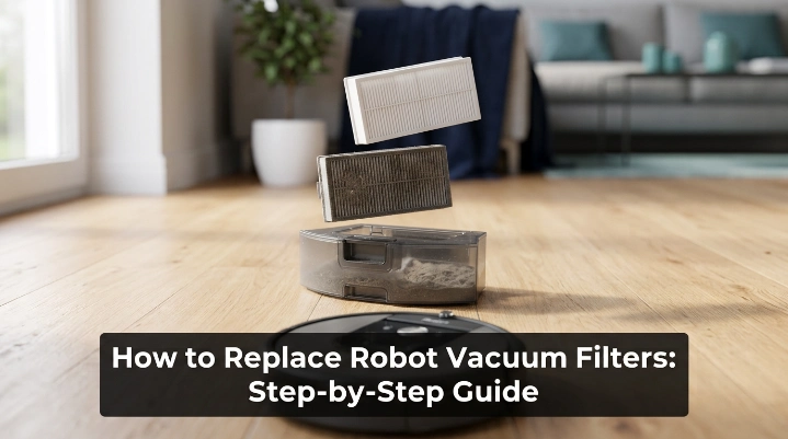 How to replace robot vacuum filters with dustbin removed and fresh filter ready for installation.