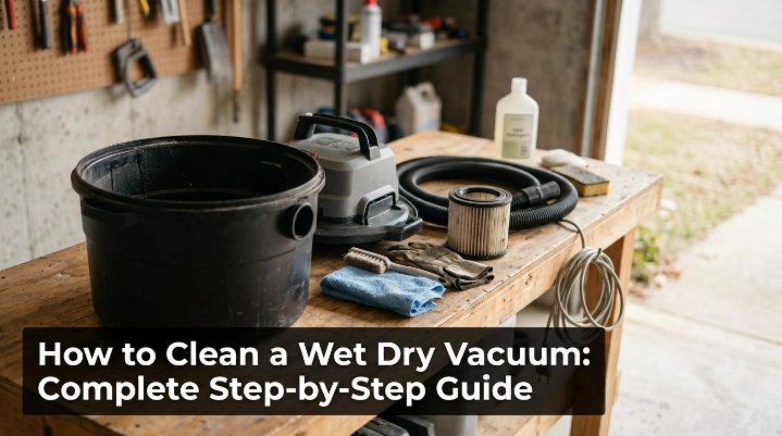 How to clean a wet dry vacuum with tank, filter, hose, and cleaning tools ready