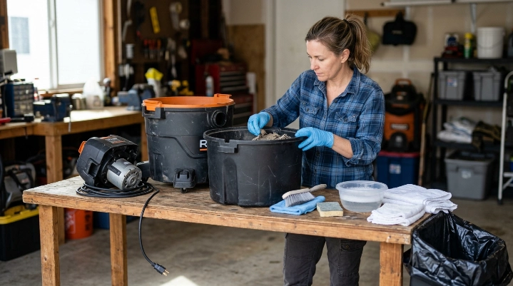 Unplugged wet dry vacuum prepared for safe cleaning with gloves, brush, cloth, and sponge