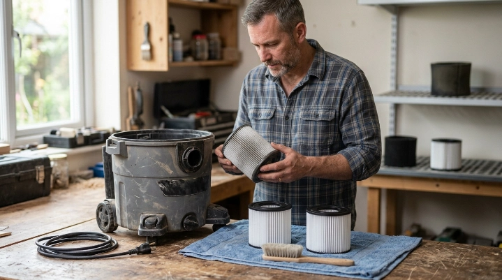 Homeowner inspecting pleated and foam wet dry vacuum filters before cleaning