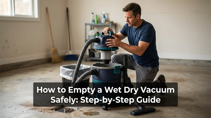 Homeowner learning how to empty a wet dry vacuum safely in a residential garage