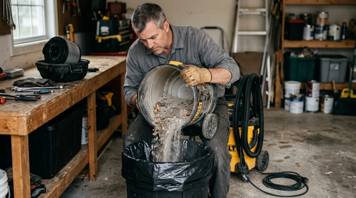 Homeowner slowly emptying dry debris from a wet dry vacuum into a lined trash bag