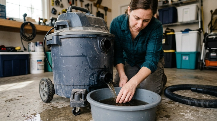 Homeowner draining collected water from the lower port of an unplugged wet dry vacuum