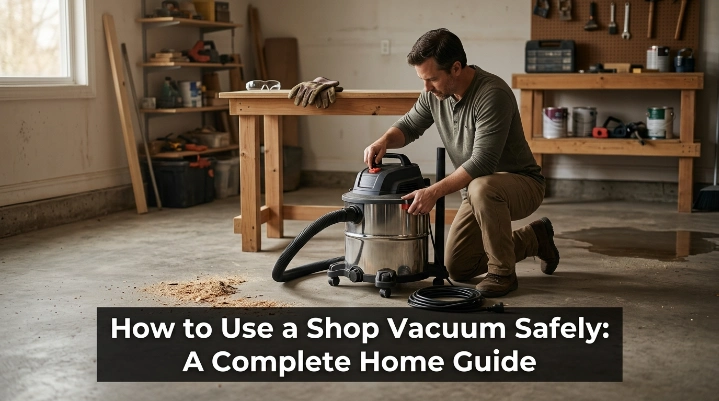 Homeowner learning how to use a shop vacuum safely in a residential garage.