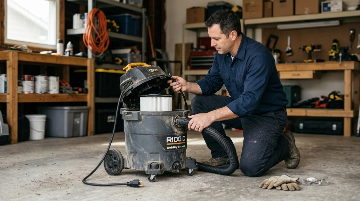 Unplugged shop vacuum being inspected for cord, hose, filter, and tank safety before use.