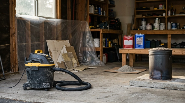 Shop vacuum kept away from hot ash, fuel, fine dust, and hazardous renovation debris.