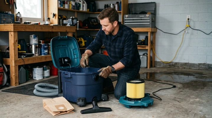 Homeowner checking wet dry vacuum filter and electrical safety before water pickup