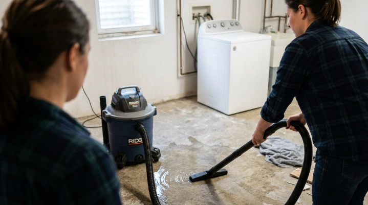 Person vacuuming standing water slowly with a wet dry vacuum and wide floor nozzle
