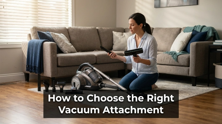 Homeowner learning how to choose the right vacuum attachment for floors, sofas, dust, and gaps