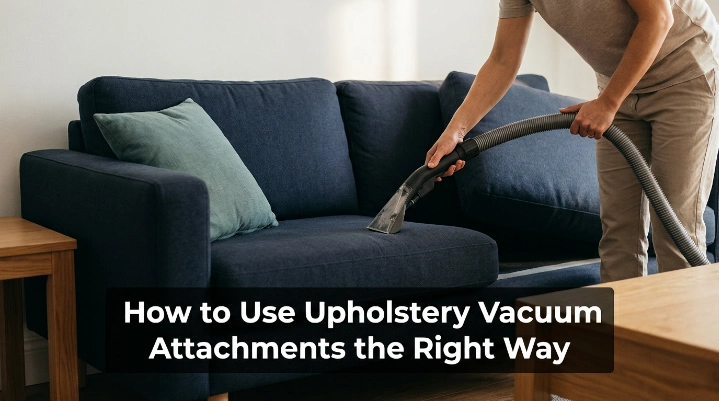 How to use upholstery vacuum attachments correctly on a fabric sofa with slow controlled passes