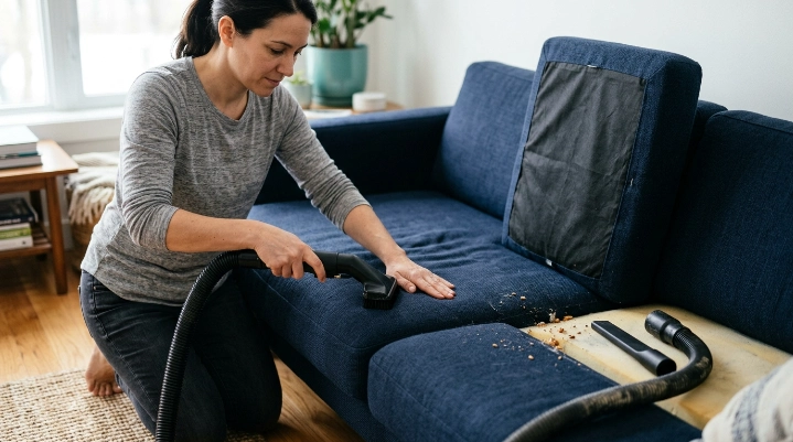 How to use upholstery vacuum attachments with slow passes while cleaning sofa cushions and seams