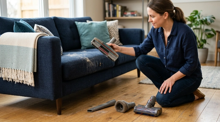 Four upholstery vacuum attachments beside a sofa for fabric, seams, delicate surfaces, and pet hair