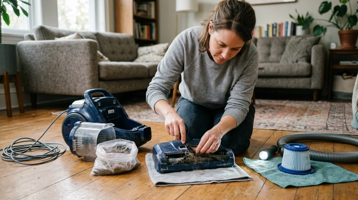 How to remove odors from a vacuum cleaner by emptying the bin and cleaning filters and brush roll