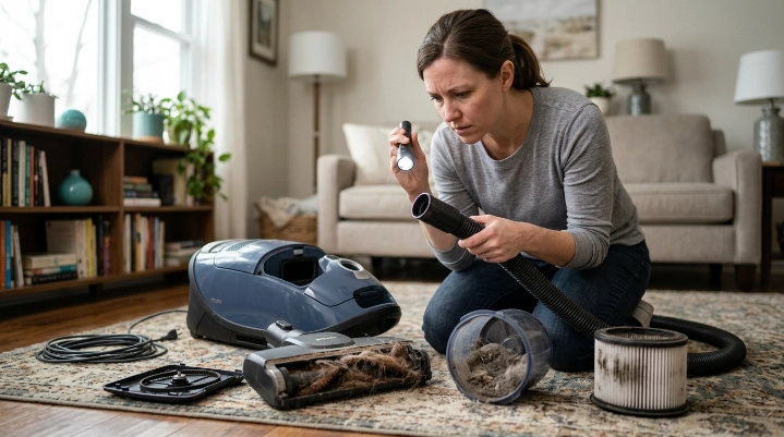 Vacuum inspection showing dusty filters, pet hair, hose debris, and brush-roll odor sources