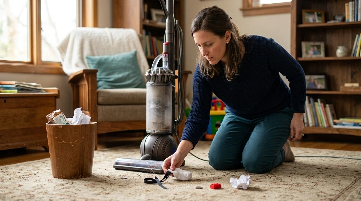 How to prevent vacuum clogs by picking up socks, coins, ribbon, toys, and paper before vacuuming