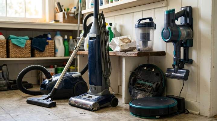 Upright, canister, stick, robot, bagged, and bagless vacuums showing common clog-prone areas