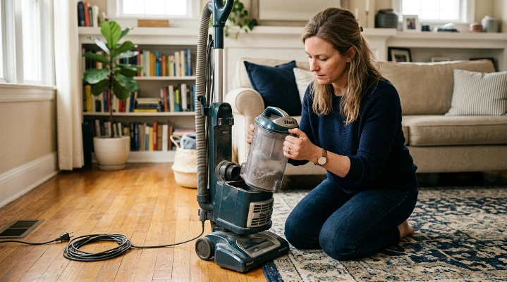 Homeowner unplugging and checking a vacuum to stop overheating before restarting it