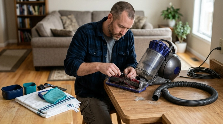 Cleaning a vacuum filter, hose and brush roll to help stop a vacuum from overheating