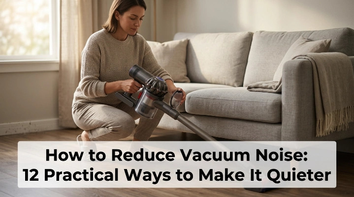 Homeowner inspecting a vacuum while learning how to reduce vacuum noise