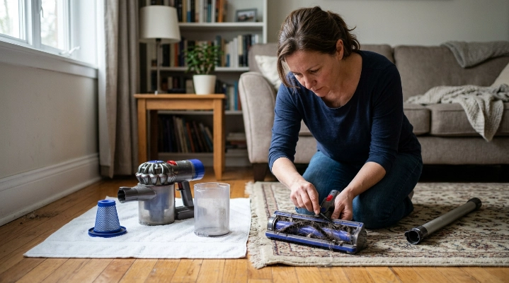 Cleaning filters and brush roll to reduce vacuum noise at home
