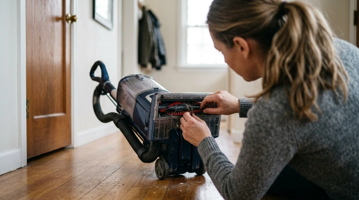 Homeowner checking a vacuum after hearing unusual rattling and grinding noises