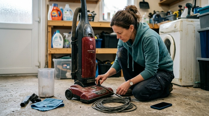 Homeowner preparing an old vacuum for recycling by emptying debris and checking removable parts