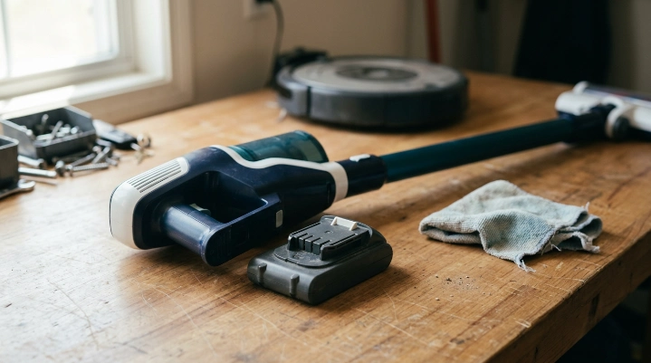 Removable cordless vacuum battery separated safely while a robot vacuum remains intact nearby