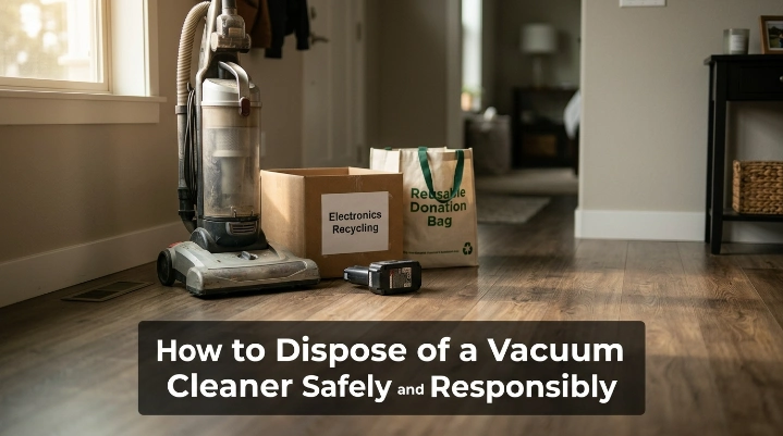 Old vacuum prepared for donation and recycling during safe vacuum cleaner disposal