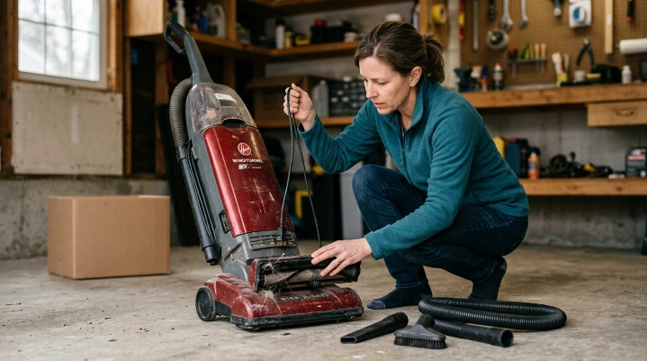 Homeowner checks an old vacuum before donation as part of safe vacuum cleaner disposal