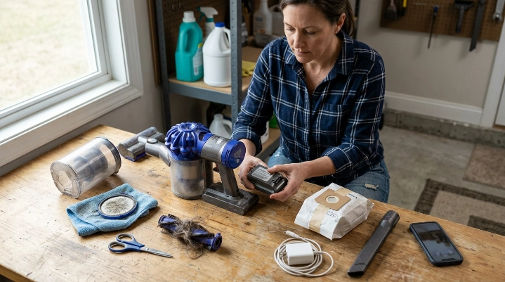 Cordless vacuum prepared for disposal with dust emptied, filter checked,