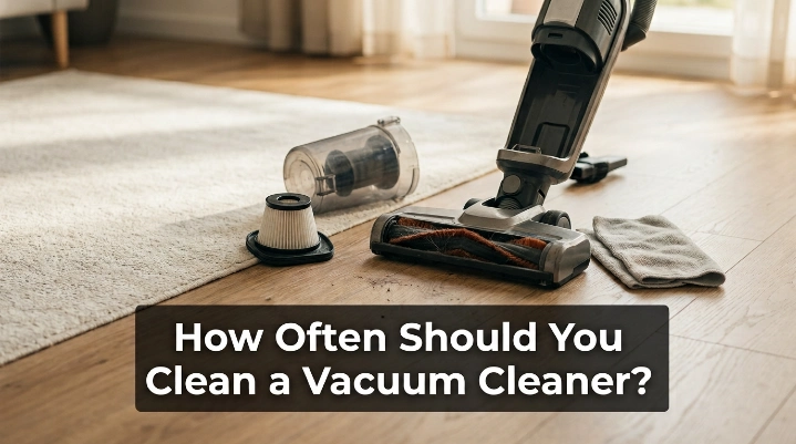 Vacuum cleaner maintenance scene showing bin, filter and brush roll ready for cleaning