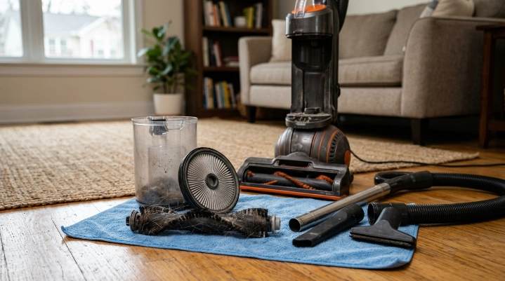 Vacuum parts including filter, brush roll, bin, hose and tools laid out for cleaning