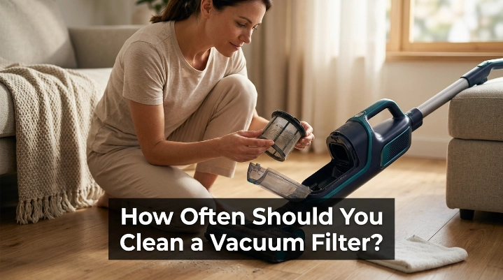 How often should you clean a vacuum filter shown with a homeowner inspecting a dusty filter