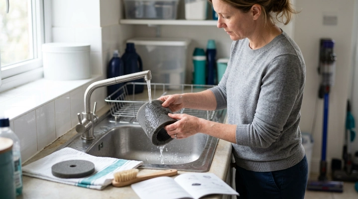 Homeowner safely rinsing a washable vacuum filter beside an unplugged vacuum and drying rack