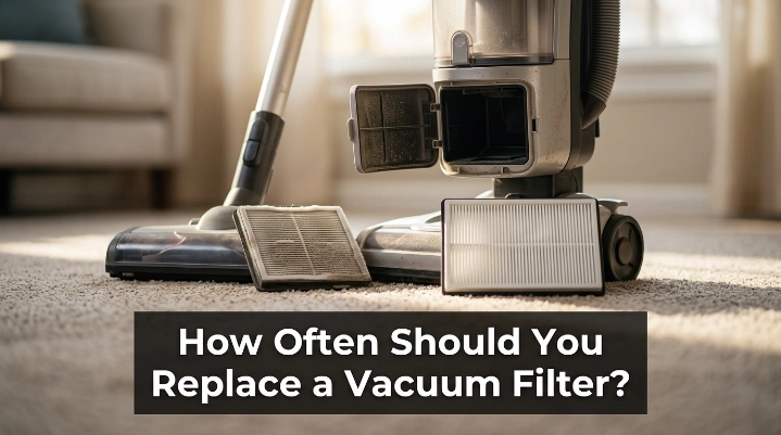 Vacuum filters beside an open cleaner showing when to replace a vacuum filter
